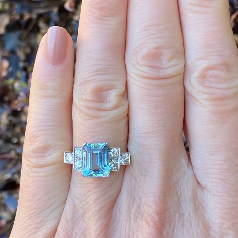 Emerald Cut Aquamarine Sterling Silver Art Deco Engagement Ring