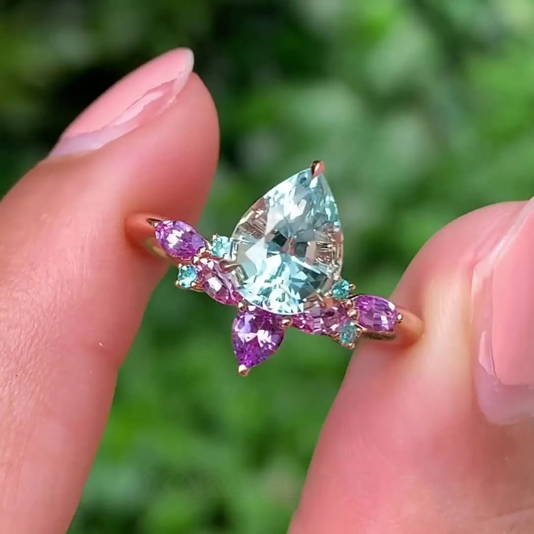 Pear Cut Aquamarine Sterling Silver Rose Gold Art Deco Engagement Ring Pear Cut Aquamarine Sterling Silver Rose Gold Art Deco Engagement Ring