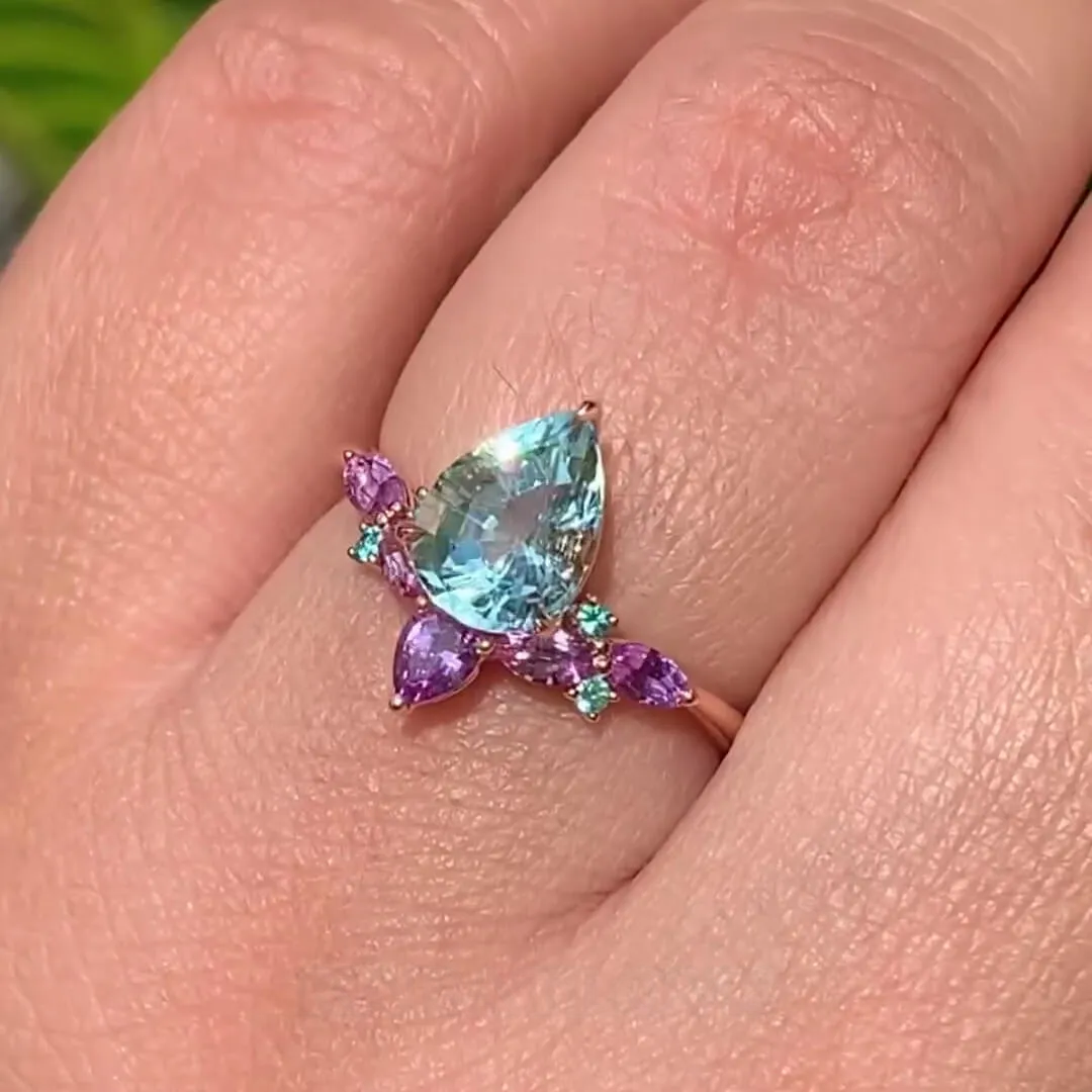 Pear Cut Aquamarine Sterling Silver Rose Gold Art Deco Engagement Ring