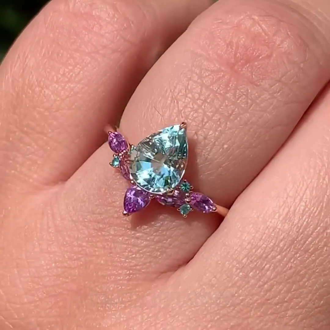 Pear Cut Aquamarine Sterling Silver Rose Gold Art Deco Engagement Ring