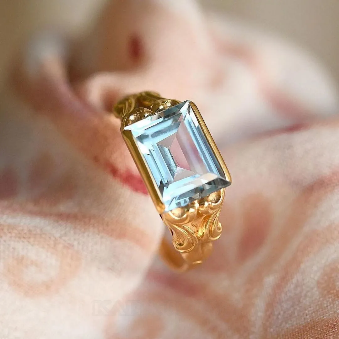 Emerald Cut Aquamarine Sterling Silver Yellow Gold Solitaire Engagement Ring Emerald Cut Aquamarine Sterling Silver Yellow Gold Solitaire Engagement Ring