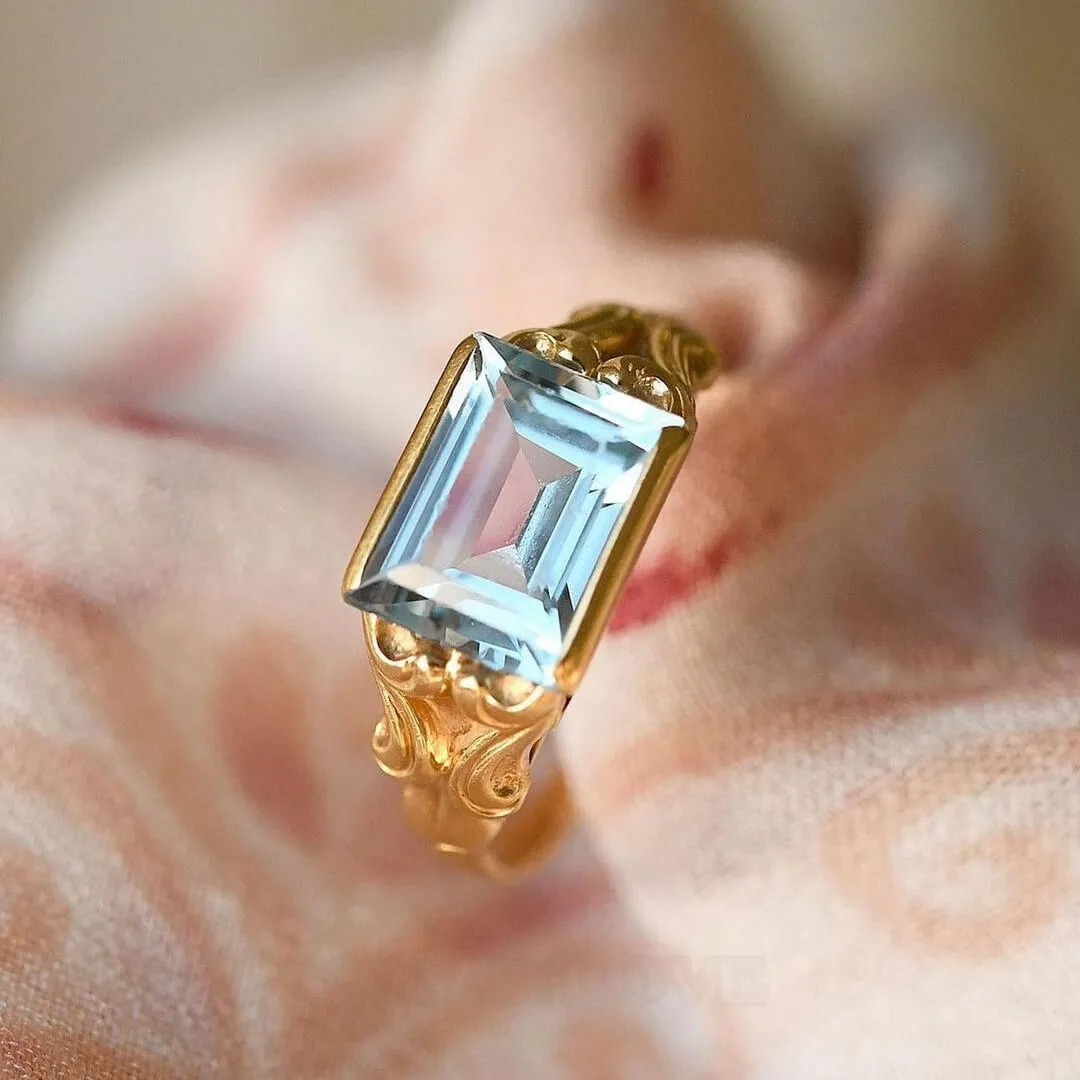 Emerald Cut Aquamarine Sterling Silver Yellow Gold Solitaire Engagement Ring