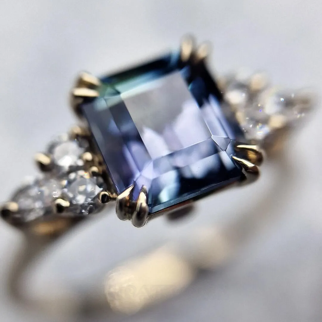 Emerald Cut Amethyst Sterling Silver Yellow Gold Engagement Ring