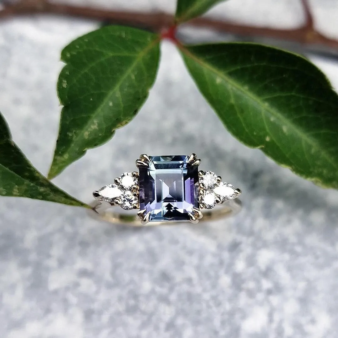 Emerald Cut Amethyst Sterling Silver Yellow Gold Engagement Ring