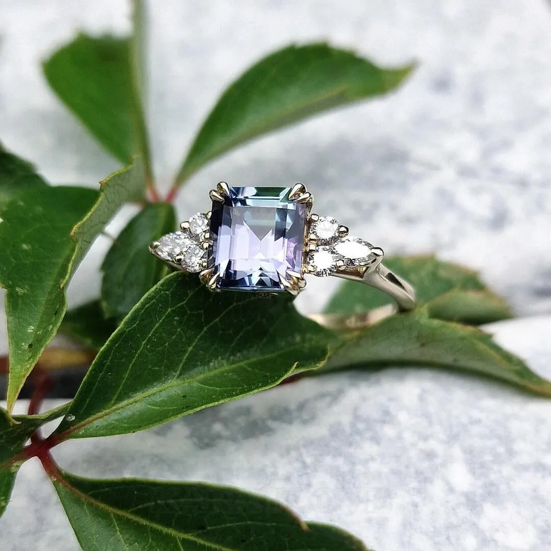 Emerald Cut Amethyst Sterling Silver Yellow Gold Engagement Ring