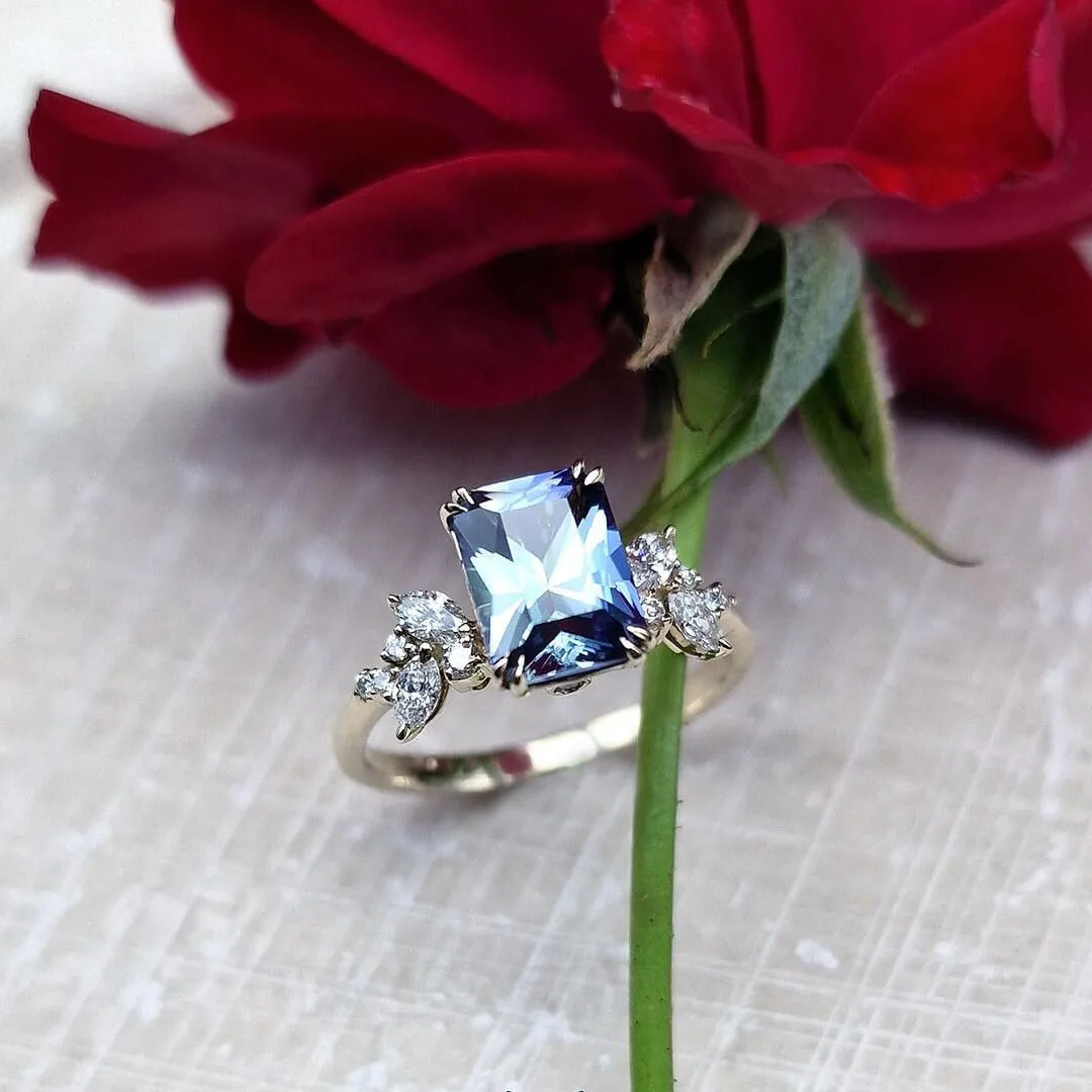 Radiant Cut Aquamarine Sterling Silver Art Deco Engagement Ring