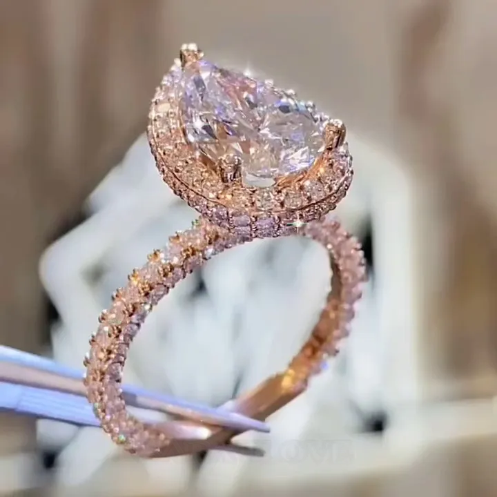 Pear Cut Diamond White Sterling Silver Rose Gold Halo Engagement Ring Pear Cut Diamond White Sterling Silver Rose Gold Halo Engagement Ring