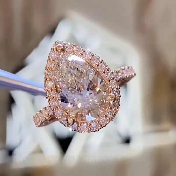 Pear Cut Diamond White Sterling Silver Rose Gold Halo Engagement Ring