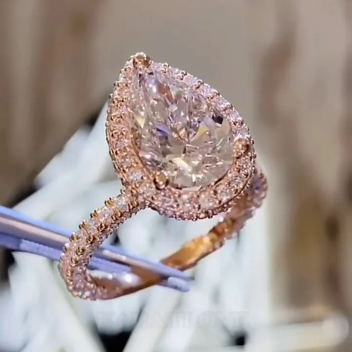 Pear Cut Diamond White Sterling Silver Rose Gold Halo Engagement Ring