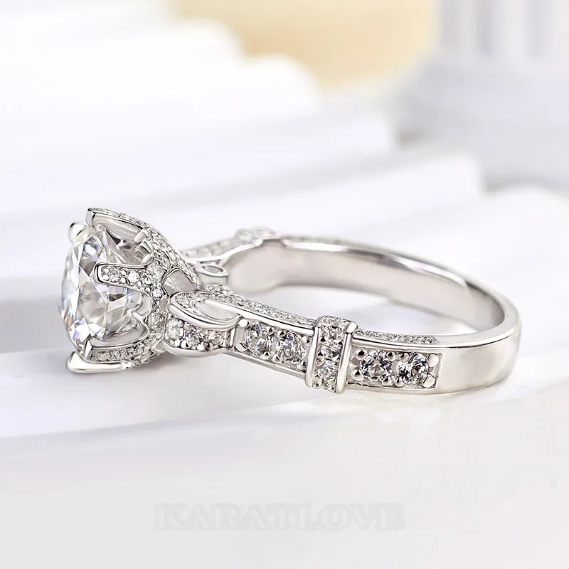 Round Cut Diamond White Sterling Silver Art Deco Engagement Ring