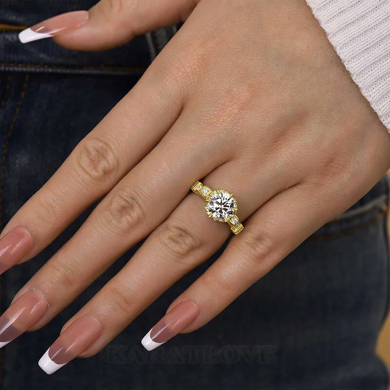 Round Cut Diamond White Sterling Silver Art Deco Engagement Ring