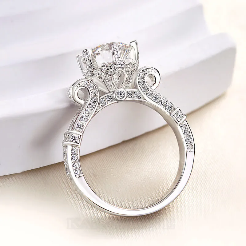 Round Cut Diamond White Sterling Silver Art Deco Engagement Ring