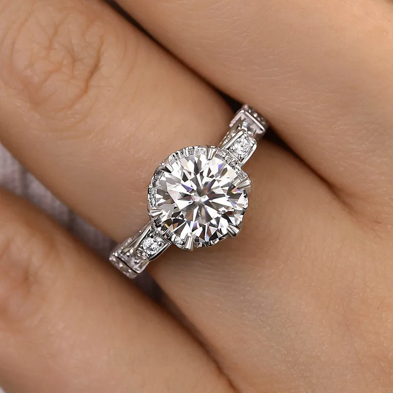 Round Cut Diamond White Sterling Silver Art Deco Engagement Ring