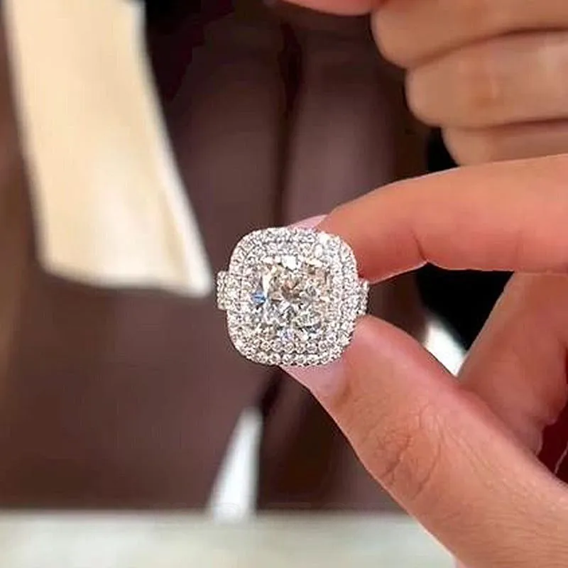 Cushion Cut Diamond White Sterling Silver Double Halo Engagement Ring Cushion Cut Diamond White Sterling Silver Double Halo Engagement Ring