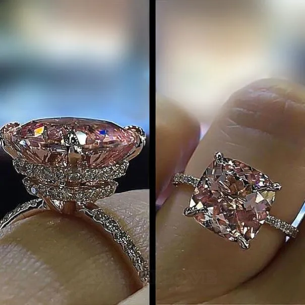 Cushion Cut Fancy Pink Sterling Silver Rose Gold Halo Engagement Ring Cushion Cut Fancy Pink Sterling Silver Rose Gold Halo Engagement Ring