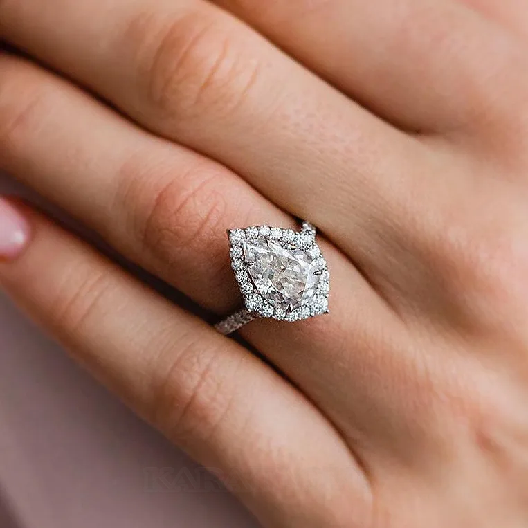 Pear Cut Diamond White Sterling Silver Halo Engagement Ring