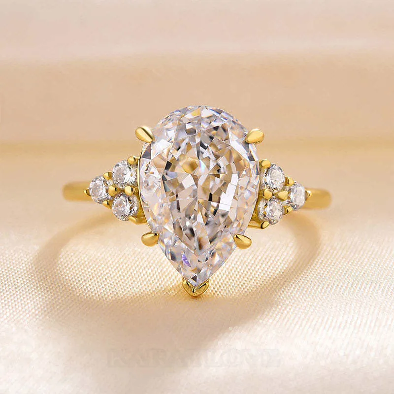 Pear Cut Diamond White Sterling Silver Yellow Gold 3-Stone Engagement Ring