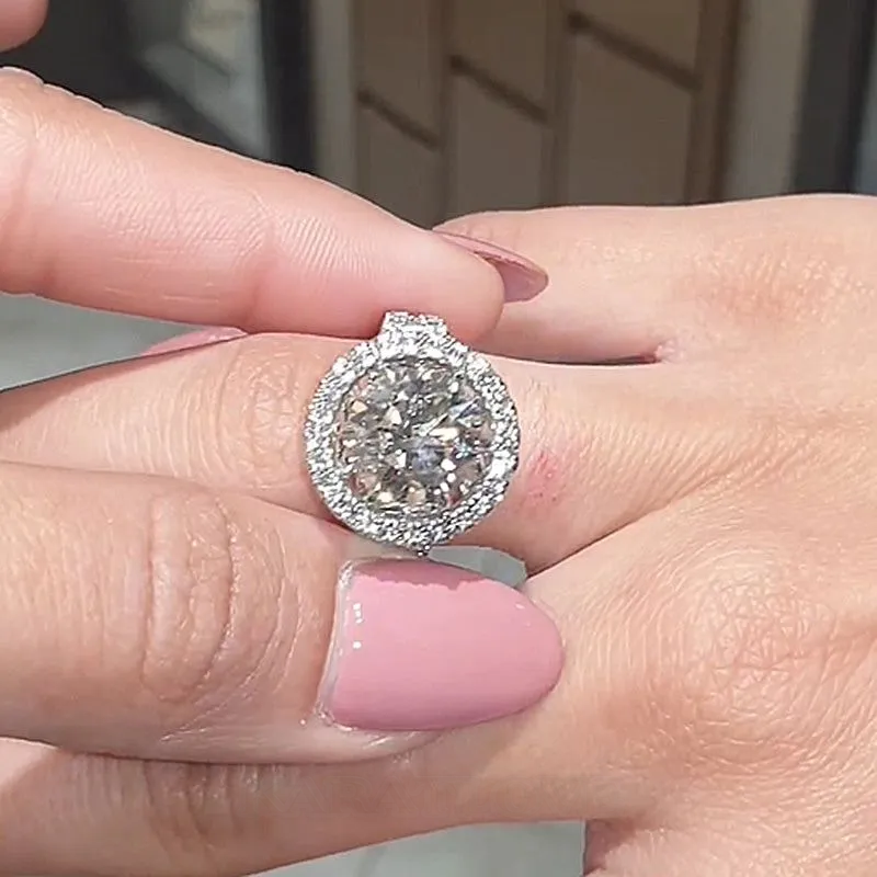 Round Cut Diamond White Sterling Silver Halo Engagement Ring