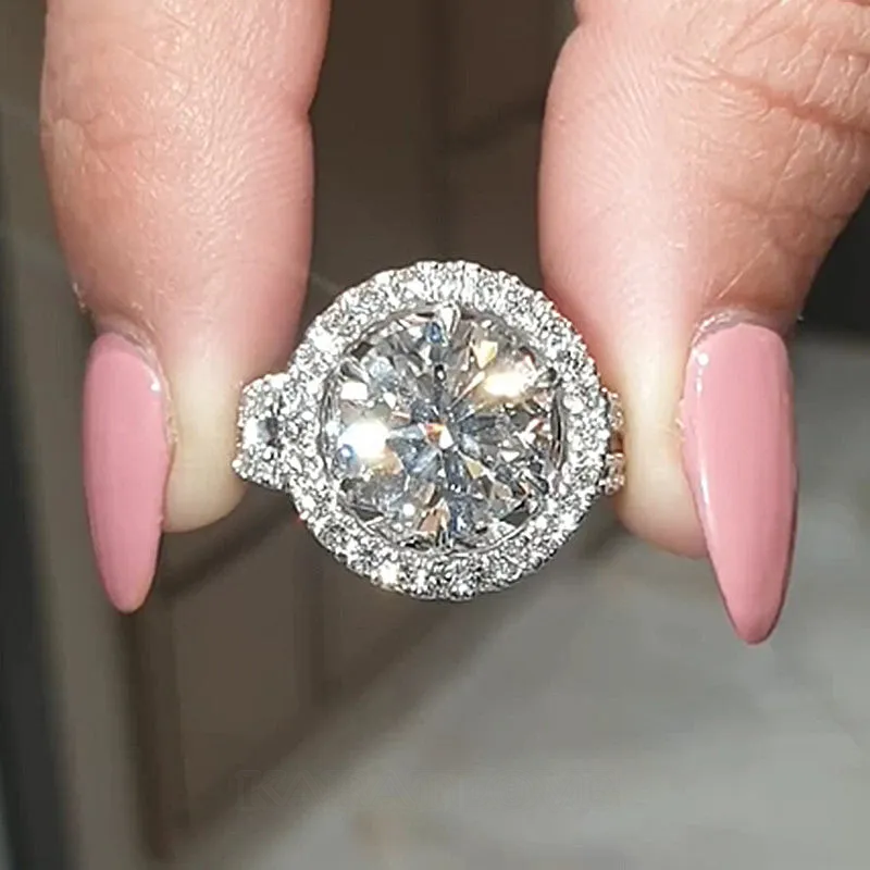 Round Cut Diamond White Sterling Silver Halo Engagement Ring