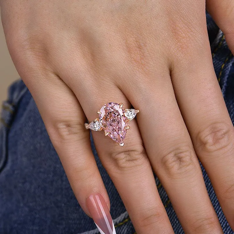 Pear Cut Fancy Pink Sterling Silver Rose Gold 3-Stone Engagement Ring