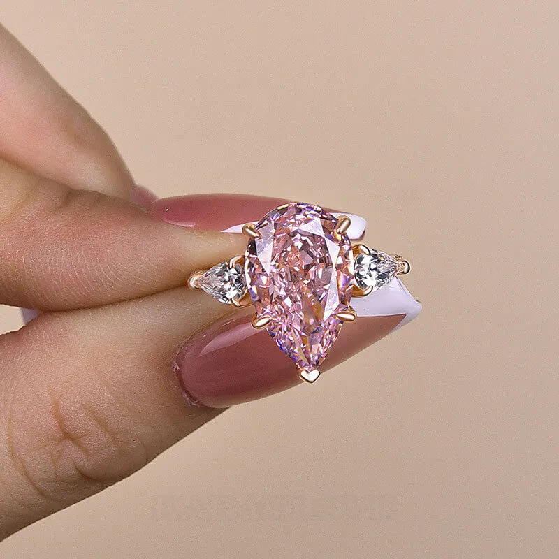 Pear Cut Fancy Pink Sterling Silver Rose Gold 3-Stone Engagement Ring