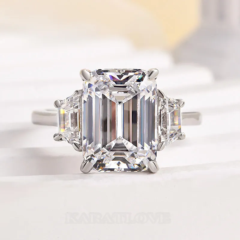 Emerald Cut Diamond White Sterling Silver 3-Stone Engagement Ring