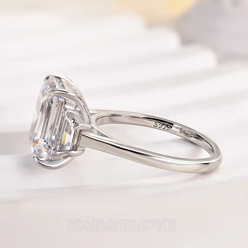 Emerald Cut Diamond White Sterling Silver 3-Stone Engagement Ring