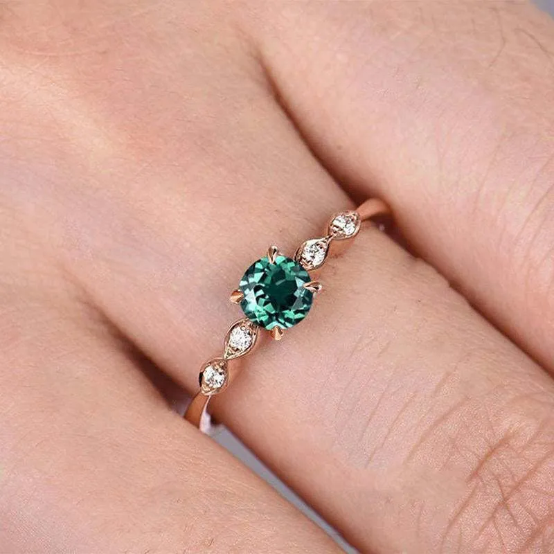 Round Cut Emerald Green Sterling Silver Rose Gold Engagement Ring