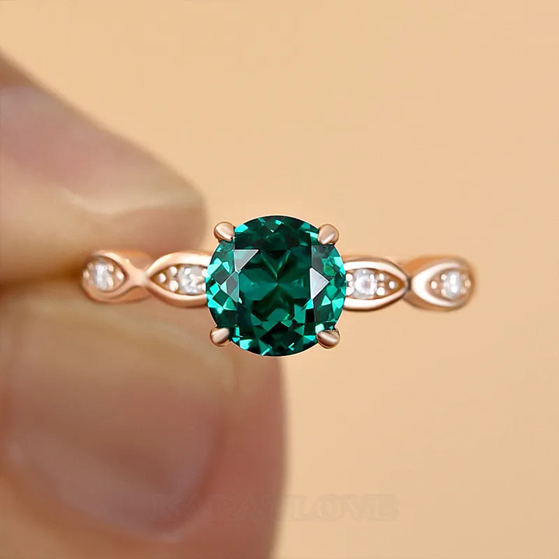Round Cut Emerald Green Sterling Silver Rose Gold Engagement Ring