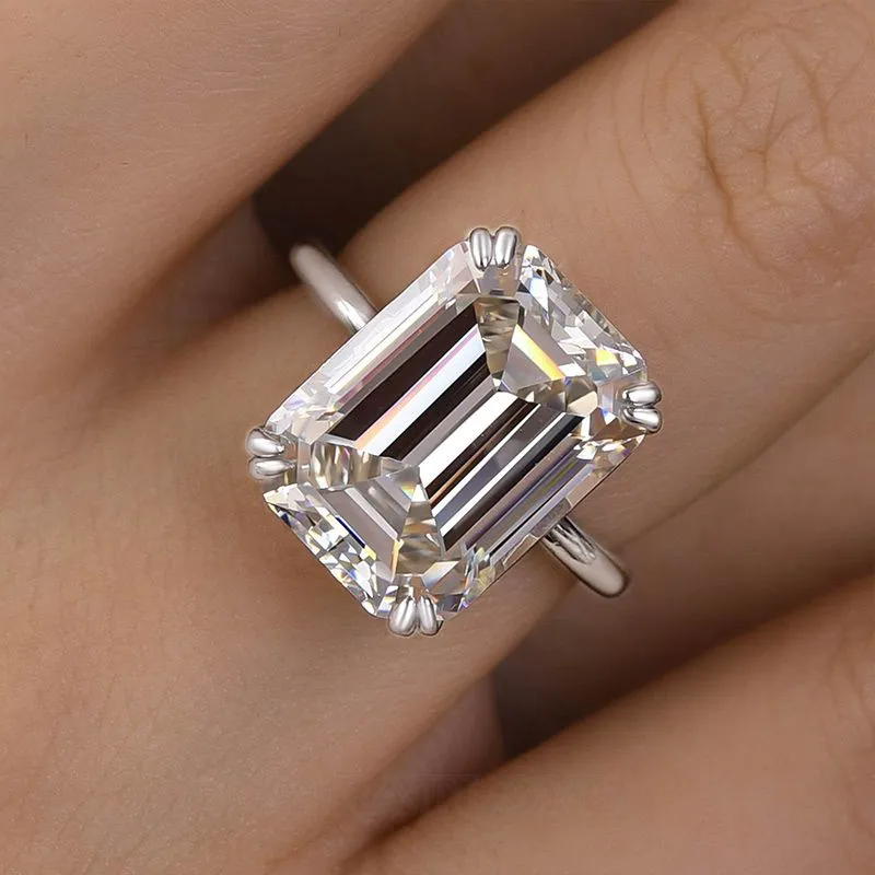 Emerald Cut Diamond White Sterling Silver Solitaire Engagement Ring