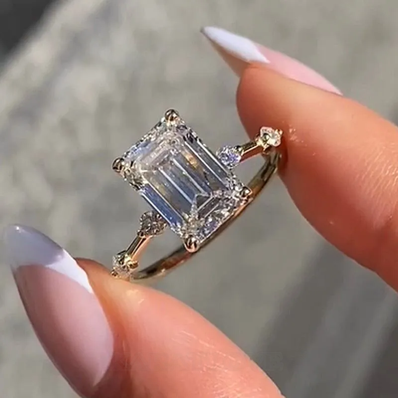 Emerald Cut Diamond White Sterling Silver Yellow Gold Engagement Ring