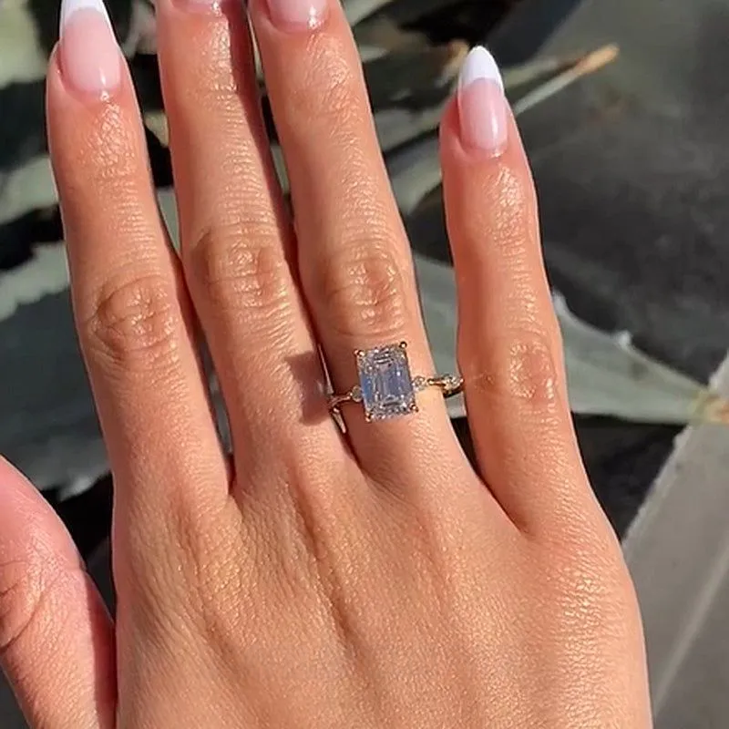 Emerald Cut Diamond White Sterling Silver Yellow Gold Engagement Ring