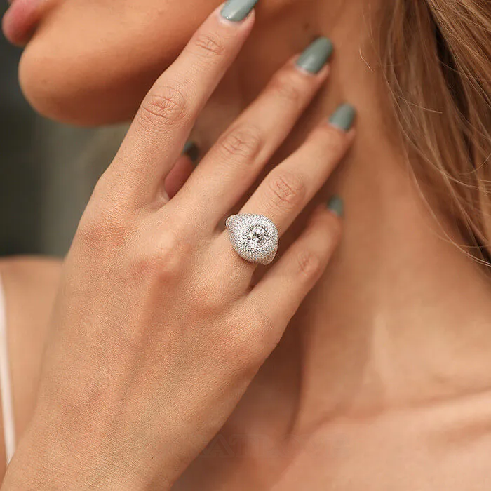 Round Cut Diamond White Sterling Silver Art Deco Engagement Ring