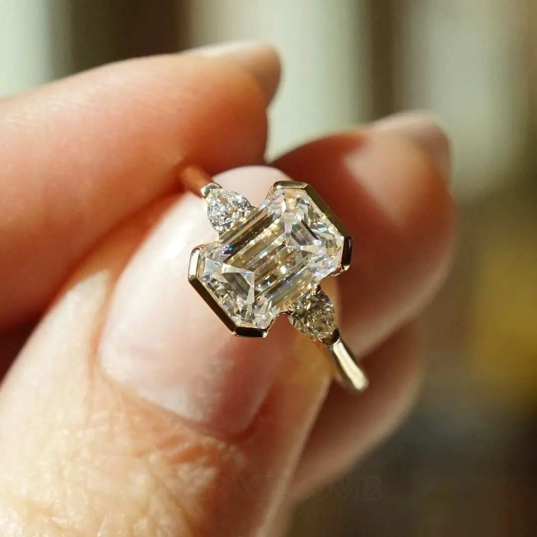Emerald Cut Diamond White Sterling Silver Yellow Gold 3-Stone Engagement Ring