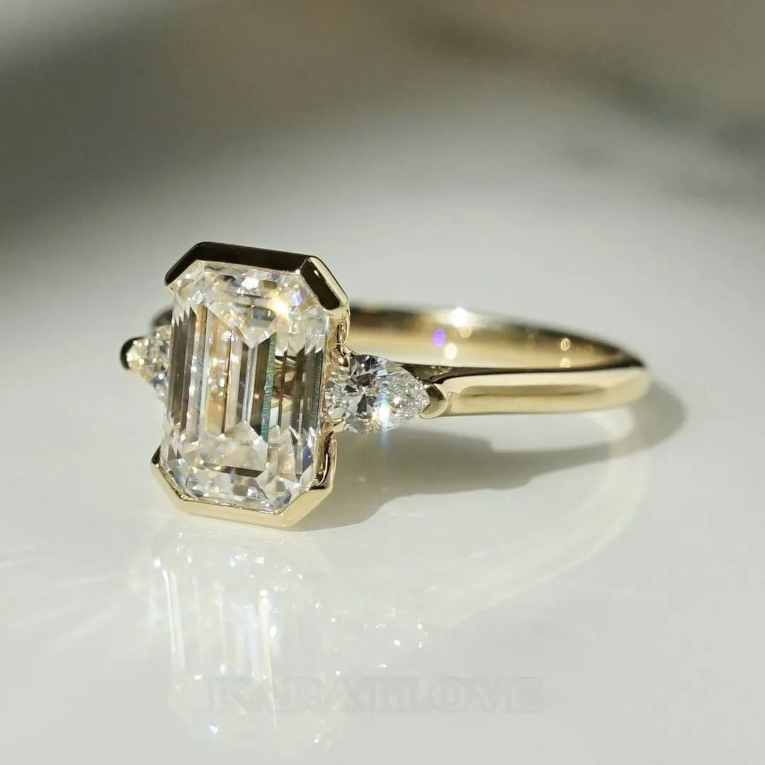 Emerald Cut Diamond White Sterling Silver Yellow Gold 3-Stone Engagement Ring