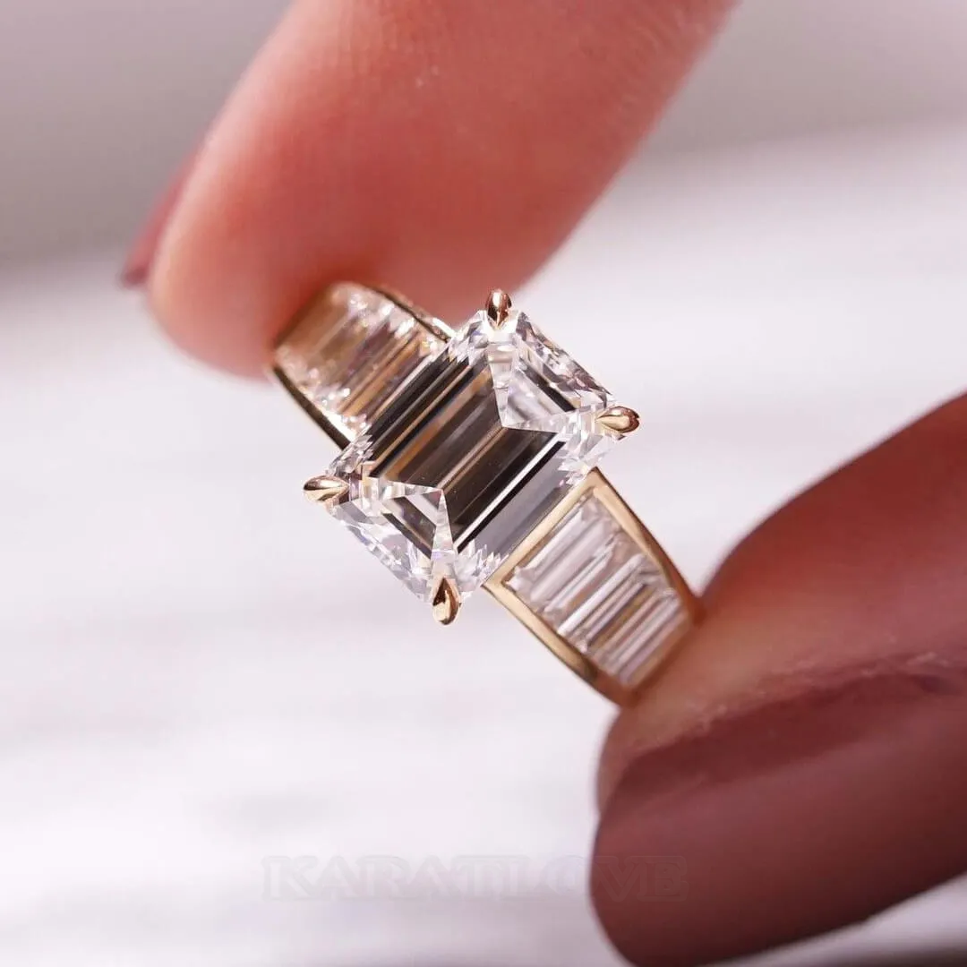 Emerald Cut Diamond White Sterling Silver Yellow Gold Engagement Ring