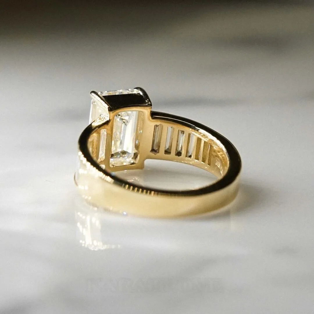 Emerald Cut Diamond White Sterling Silver Yellow Gold Engagement Ring