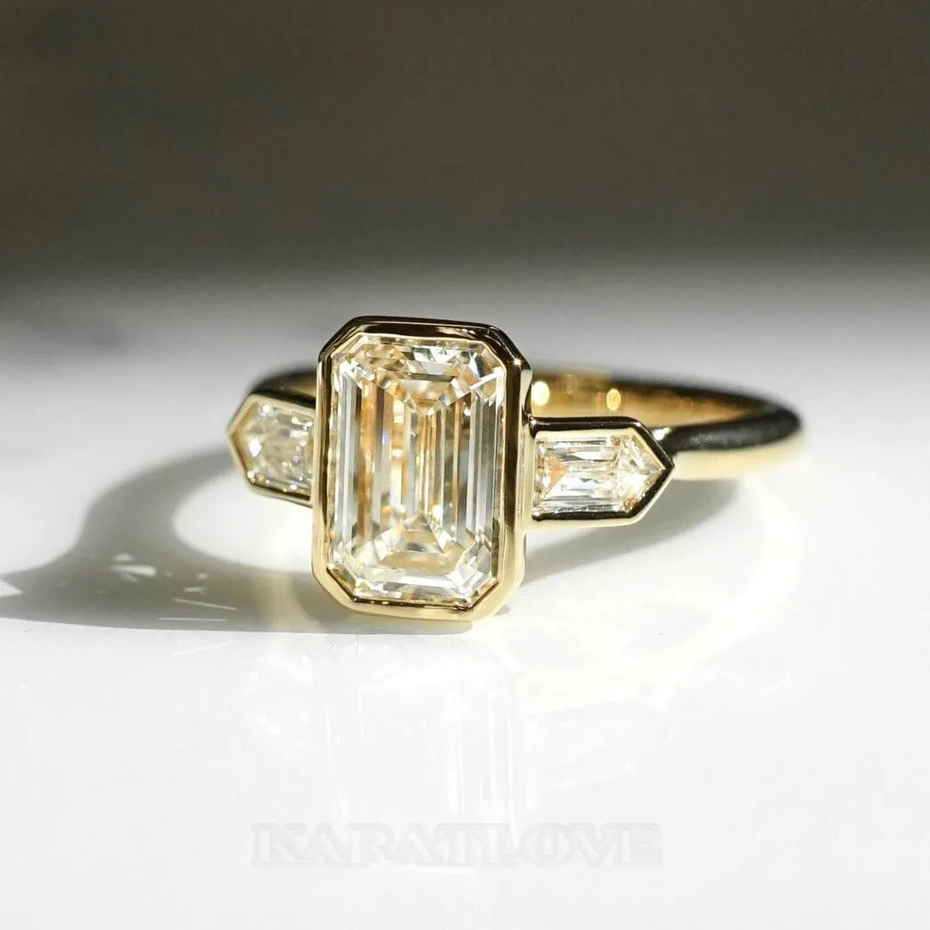 Emerald Cut Diamond White Sterling Silver Yellow Gold 3-Stone Engagement Ring