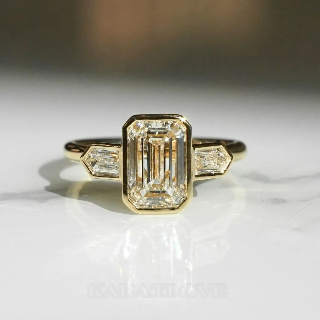 Emerald Cut Diamond White Sterling Silver Yellow Gold 3-Stone Engagement Ring