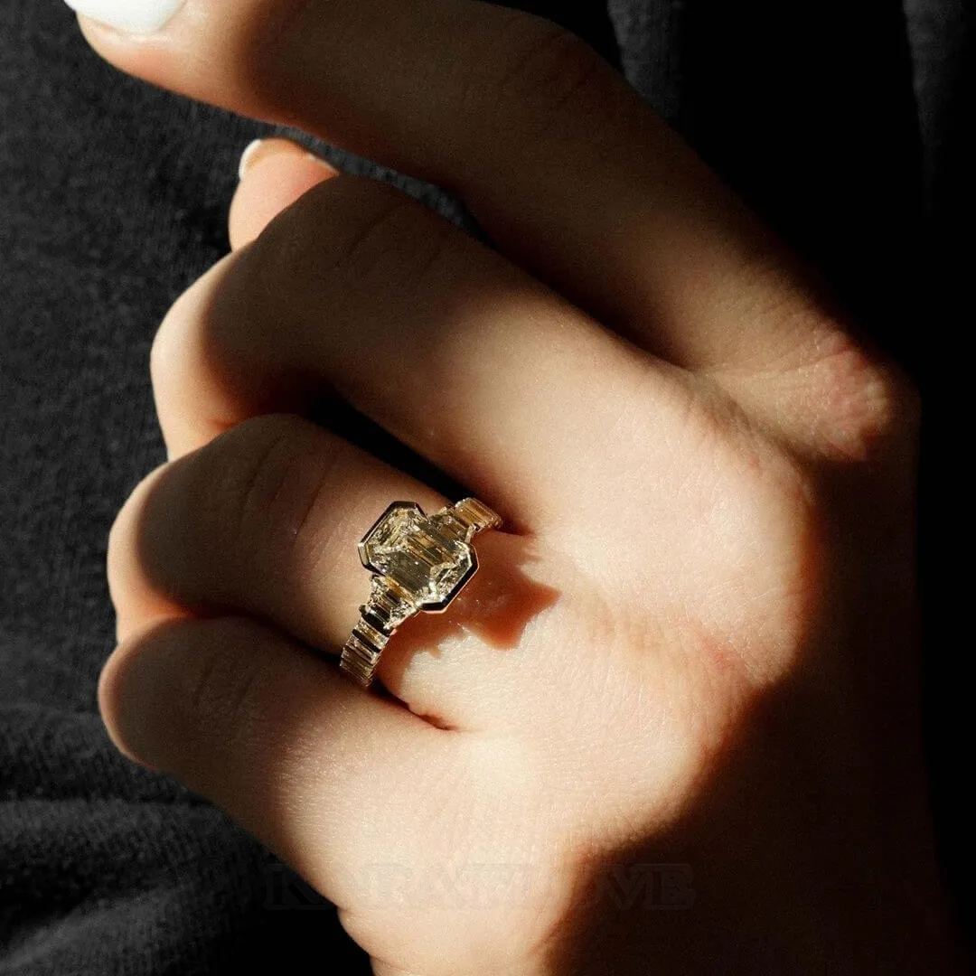 Emerald Cut Diamond White Sterling Silver Yellow Gold 3-Stone Engagement Ring