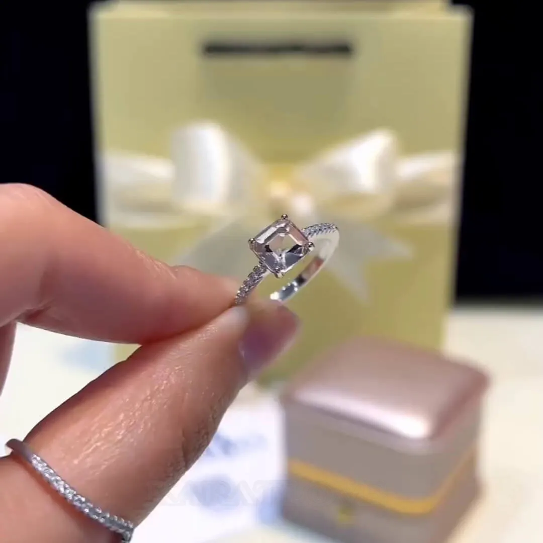 Asscher Cut Diamond White Sterling Silver Classic Engagement Ring