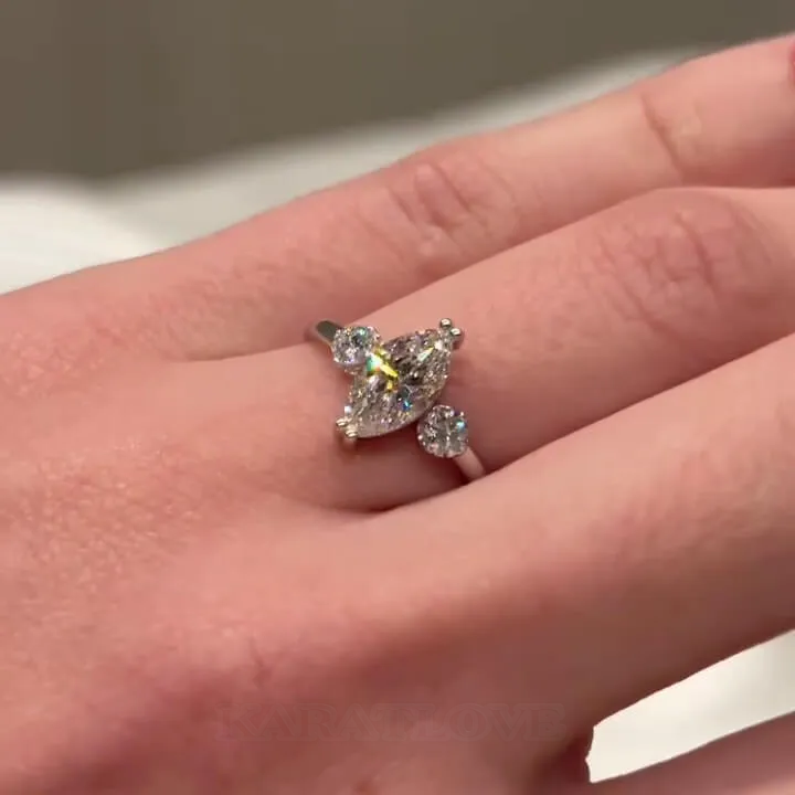 Marquise Cut Diamond White Sterling Silver 3-Stone Engagement Ring