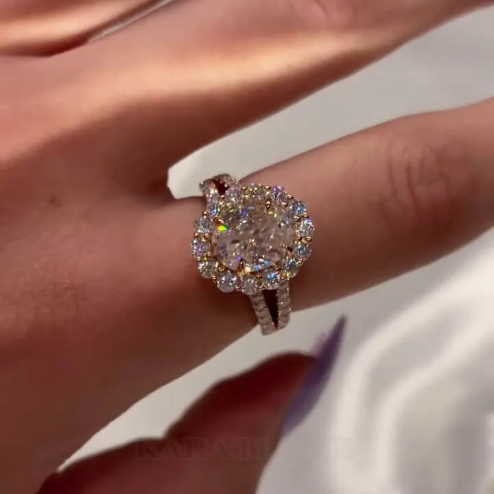 Oval Cut Diamond White Sterling Silver Rose Gold Halo Engagement Ring