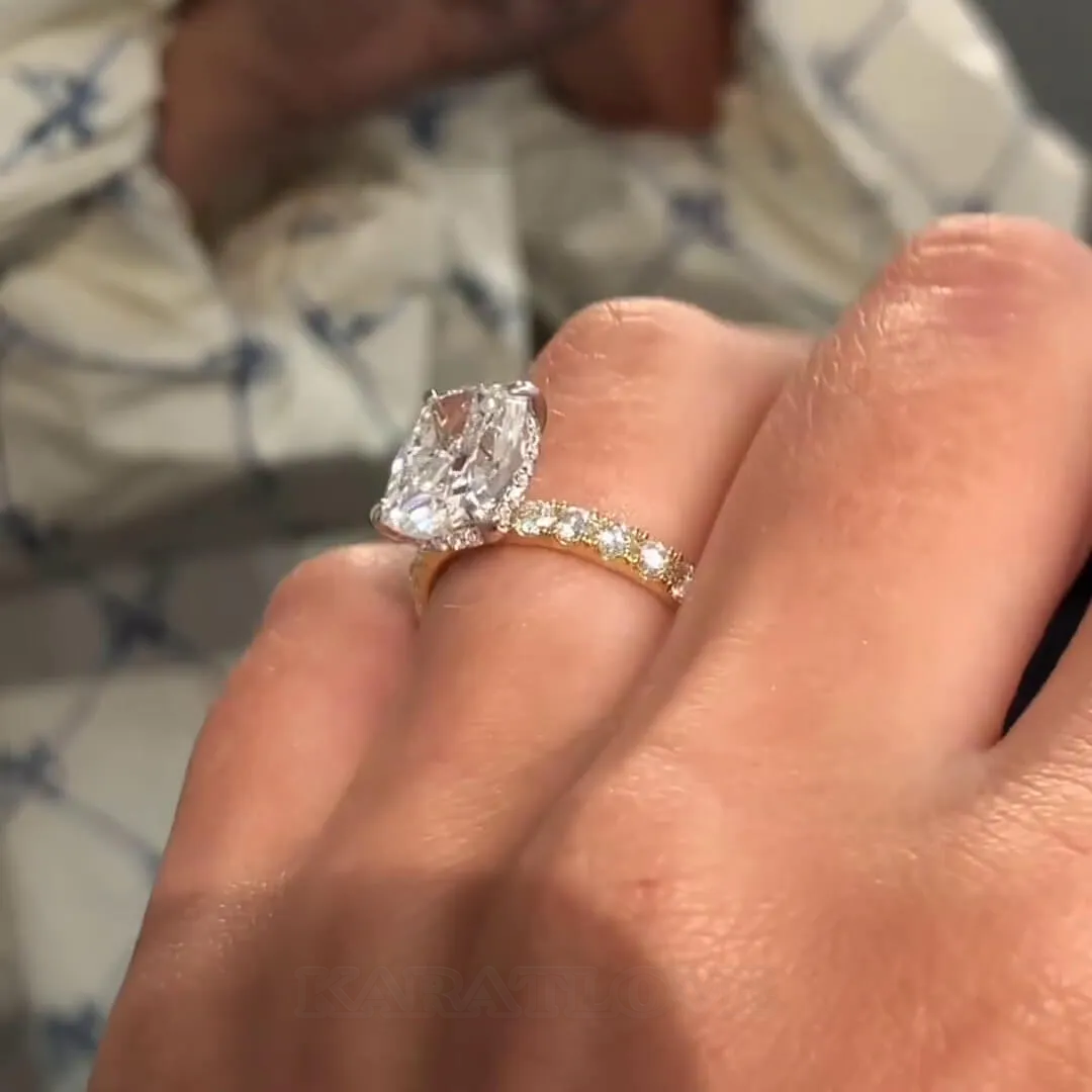 Cushion Cut Diamond White Sterling Silver Yellow Gold Halo Engagement Ring