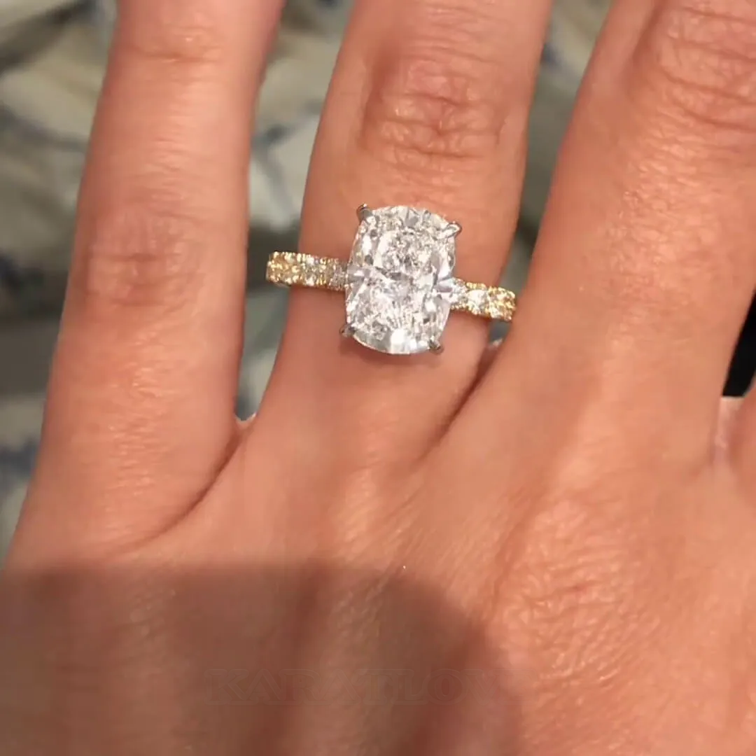 Cushion Cut Diamond White Sterling Silver Yellow Gold Halo Engagement Ring