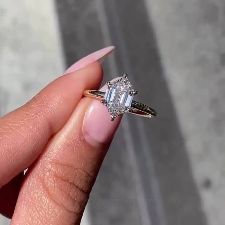 Emerald Cut Diamond White Sterling Silver Yellow Gold Solitaire Engagement Ring