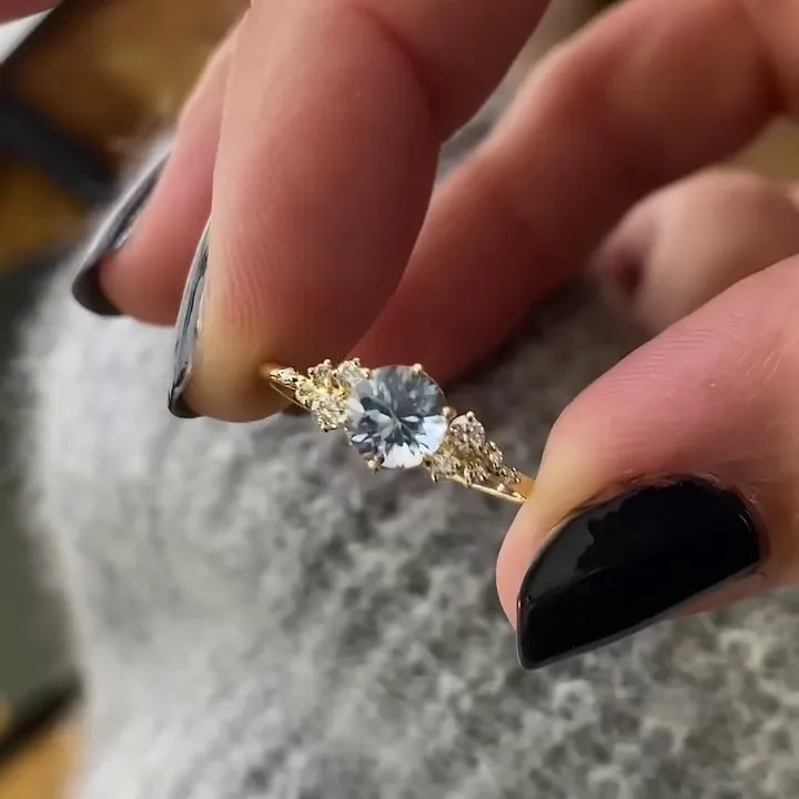 Round Cut Aquamarine Blue Sterling Silver Yellow Gold Engagement Ring