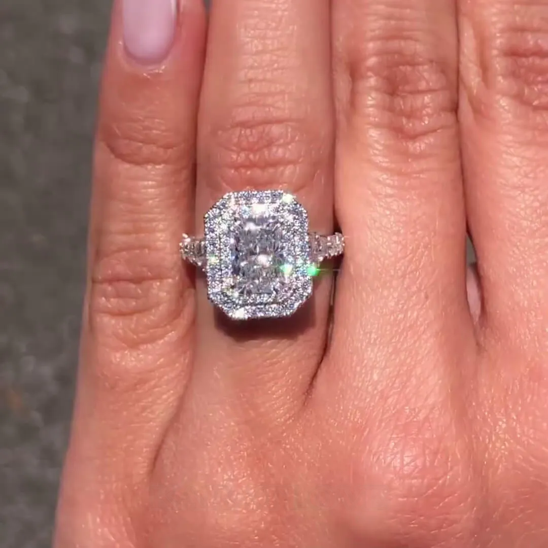 Radiant Cut Diamond White Sterling Silver Halo Engagement Ring Radiant Cut Diamond White Sterling Silver Halo Engagement Ring