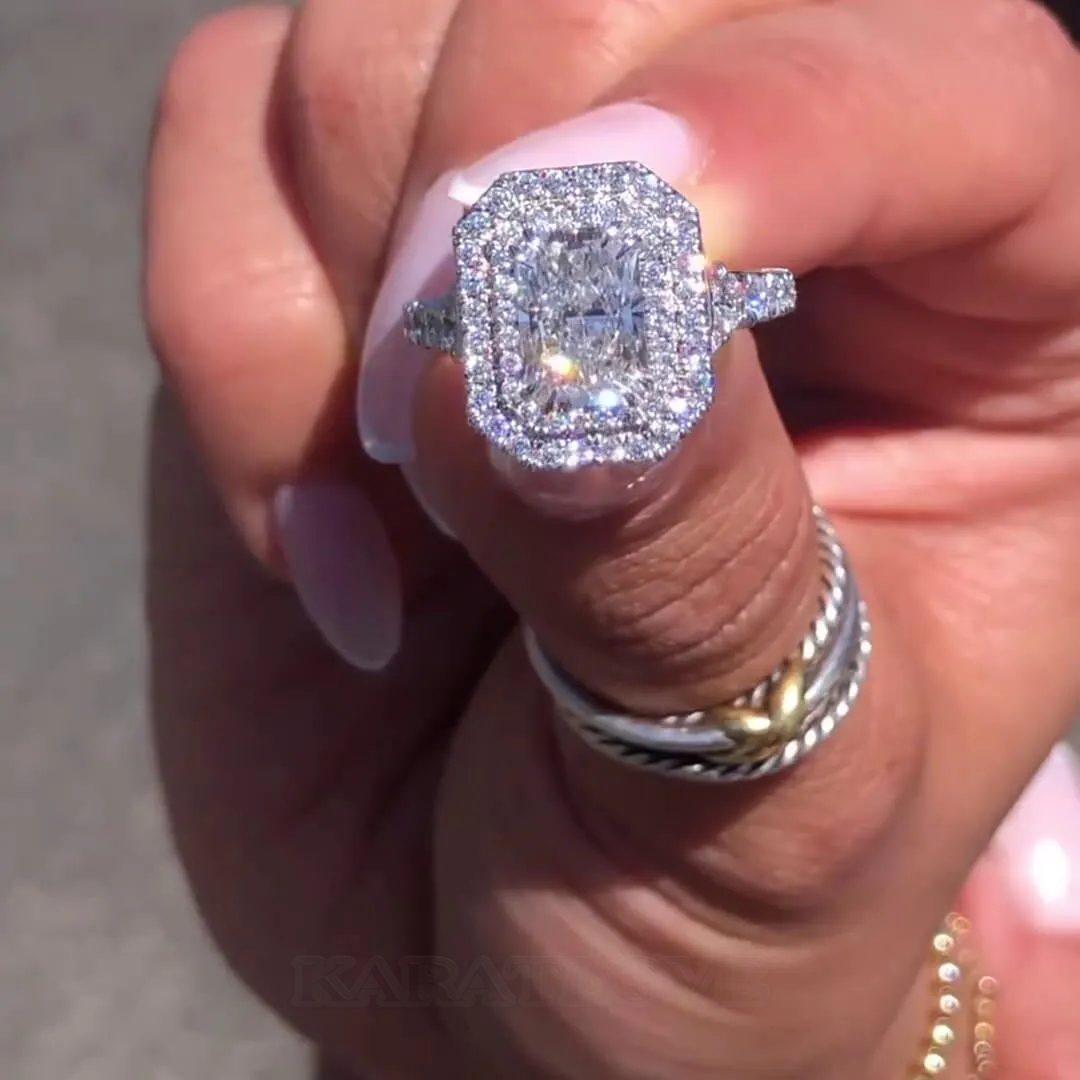 Radiant Cut Diamond White Sterling Silver Halo Engagement Ring