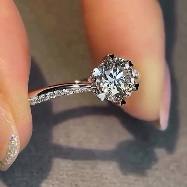 Round Cut Diamond White Sterling Silver Classic Engagement Ring